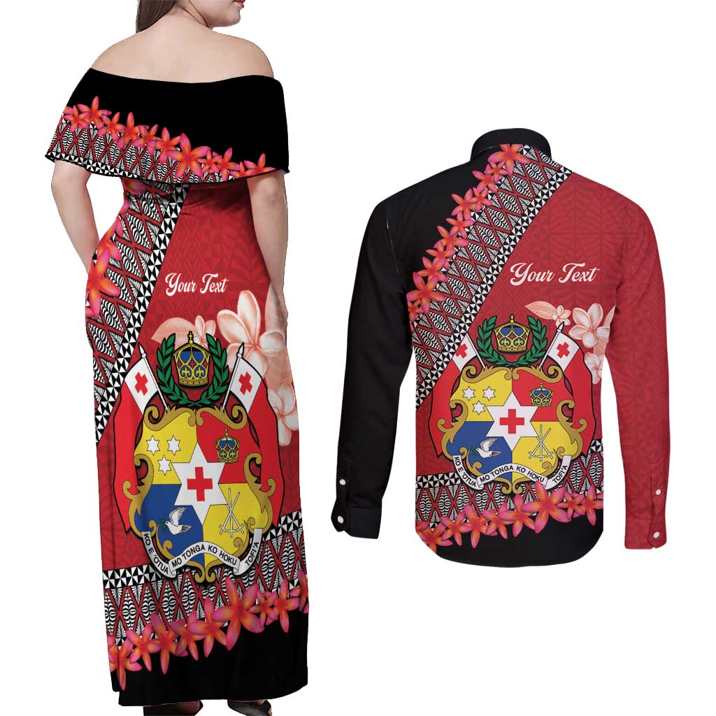 Personalised Tonga Language Week Couples Matching Off Shoulder Maxi Dress and Long Sleeve Button Shirt Malo e Lelei Tongan Ngatu Pattern - Red LT14 - Polynesian Pride