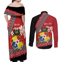 Personalised Tonga Language Week Couples Matching Off Shoulder Maxi Dress and Long Sleeve Button Shirt Malo e Lelei Tongan Ngatu Pattern - Red LT14 - Polynesian Pride