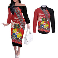 Personalised Tonga Language Week Couples Matching Off The Shoulder Long Sleeve Dress and Long Sleeve Button Shirt Malo e Lelei Tongan Ngatu Pattern - Red LT14 Red - Polynesian Pride
