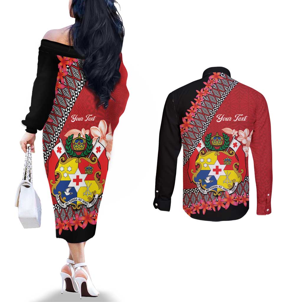 Personalised Tonga Language Week Couples Matching Off The Shoulder Long Sleeve Dress and Long Sleeve Button Shirt Malo e Lelei Tongan Ngatu Pattern - Red LT14 - Polynesian Pride