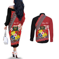 Personalised Tonga Language Week Couples Matching Off The Shoulder Long Sleeve Dress and Long Sleeve Button Shirt Malo e Lelei Tongan Ngatu Pattern - Red LT14 - Polynesian Pride