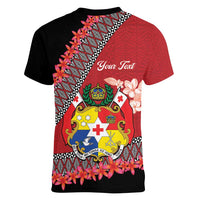 Personalised Tonga Language Week Women V-Neck T-Shirt Malo e Lelei Tongan Ngatu Pattern - Red