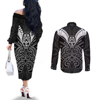 Kia Kaha Te Reo Maori Couples Matching Off The Shoulder Long Sleeve Dress and Long Sleeve Button Shirt Aotearoa Hei Tiki With Hongi