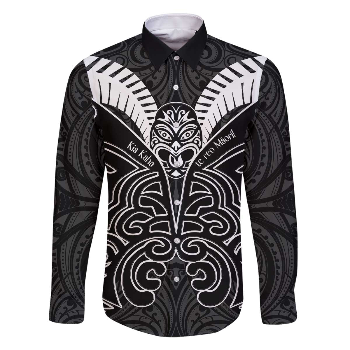 Kia Kaha Te Reo Maori Family Matching Off Shoulder Short Dress and Hawaiian Shirt Aotearoa Hei Tiki With Hongi LT14 Dad's Shirt - Long Sleeve Black - Polynesian Pride