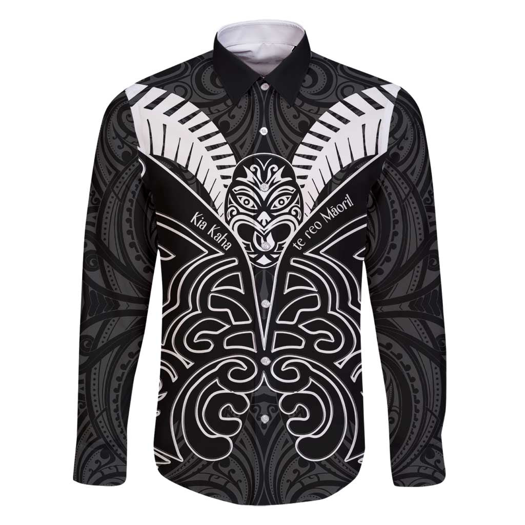 Kia Kaha Te Reo Maori Family Matching Summer Maxi Dress and Hawaiian Shirt Aotearoa Hei Tiki With Hongi LT14 Dad's Shirt - Long Sleeve Black - Polynesian Pride