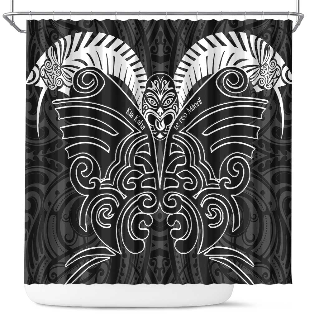 Kia Kaha Te Reo Maori Shower Curtain Aotearoa Hei Tiki With Hongi LT14 Black - Polynesian Pride