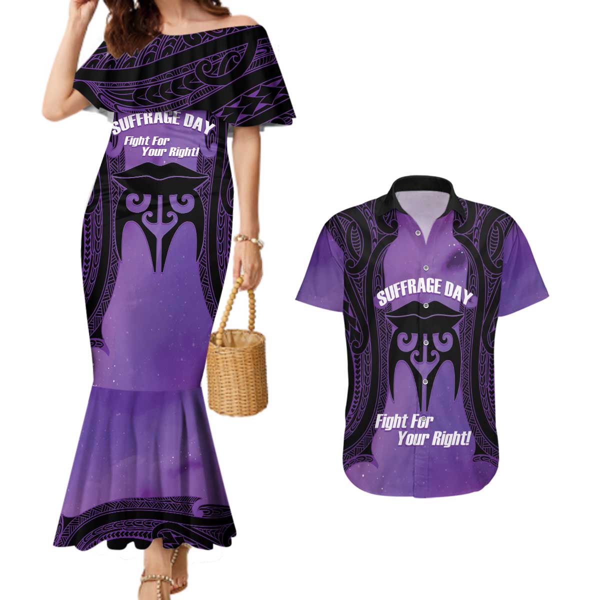 Personalised New Zealand Suffrage Day Couples Matching Mermaid Dress and Hawaiian Shirt Maori Tattoo Galaxy Vibe LT14 Purple - Polynesian Pride