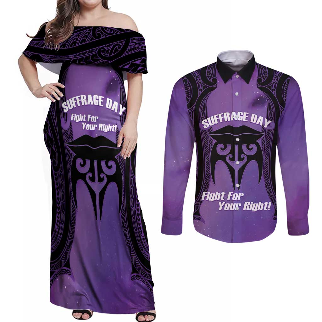 Personalised New Zealand Suffrage Day Couples Matching Off Shoulder Maxi Dress and Long Sleeve Button Shirt Maori Tattoo Galaxy Vibe LT14 Purple - Polynesian Pride