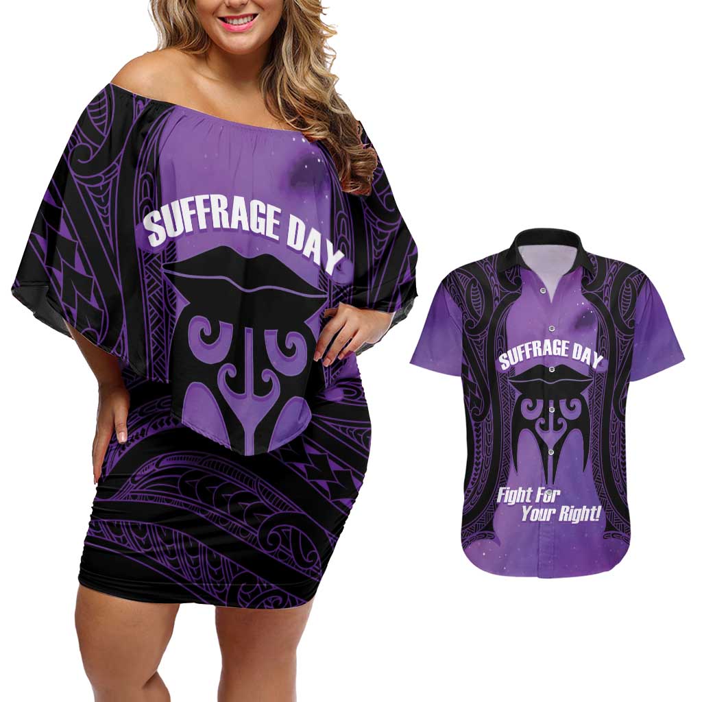 Personalised New Zealand Suffrage Day Couples Matching Off Shoulder Short Dress and Hawaiian Shirt Maori Tattoo Galaxy Vibe - Polynesian Pride