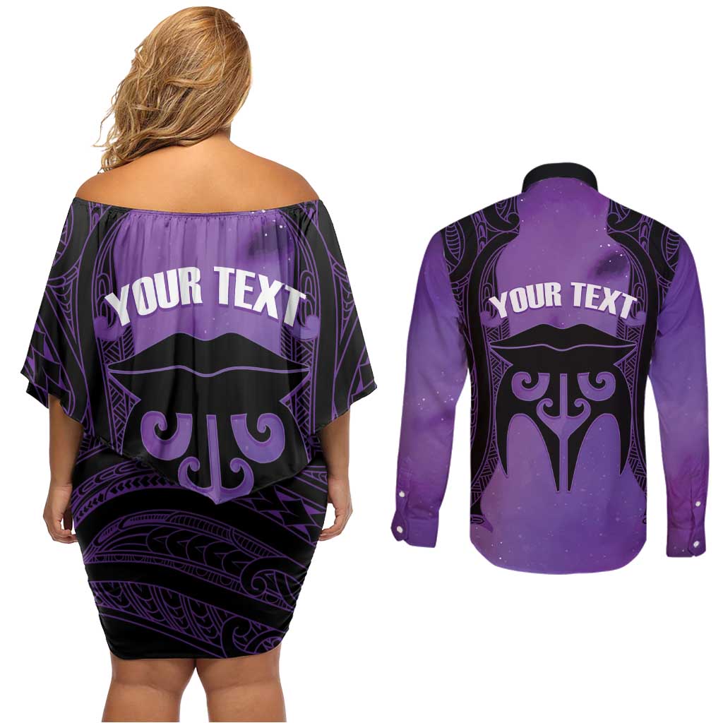 Personalised New Zealand Suffrage Day Couples Matching Off Shoulder Short Dress and Long Sleeve Button Shirt Maori Tattoo Galaxy Vibe LT14 - Polynesian Pride