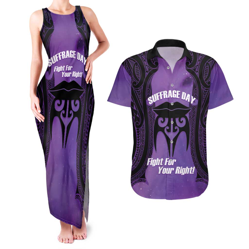 Personalised New Zealand Suffrage Day Couples Matching Tank Maxi Dress and Hawaiian Shirt Maori Tattoo Galaxy Vibe - Polynesian Pride