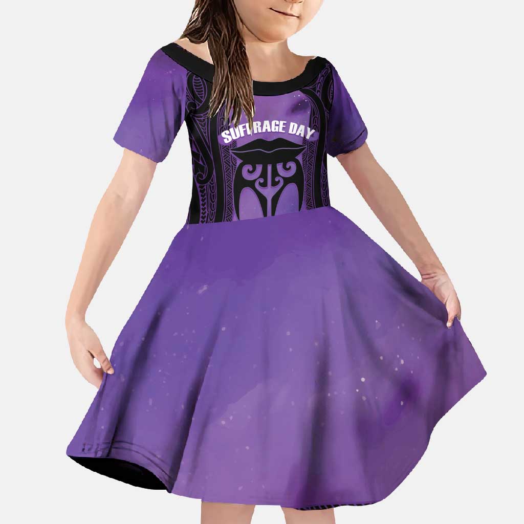 Personalised New Zealand Suffrage Day Family Matching Long Sleeve Bodycon Dress and Hawaiian Shirt Maori Tattoo Galaxy Vibe LT14 Daughter's Dress Purple - Polynesian Pride
