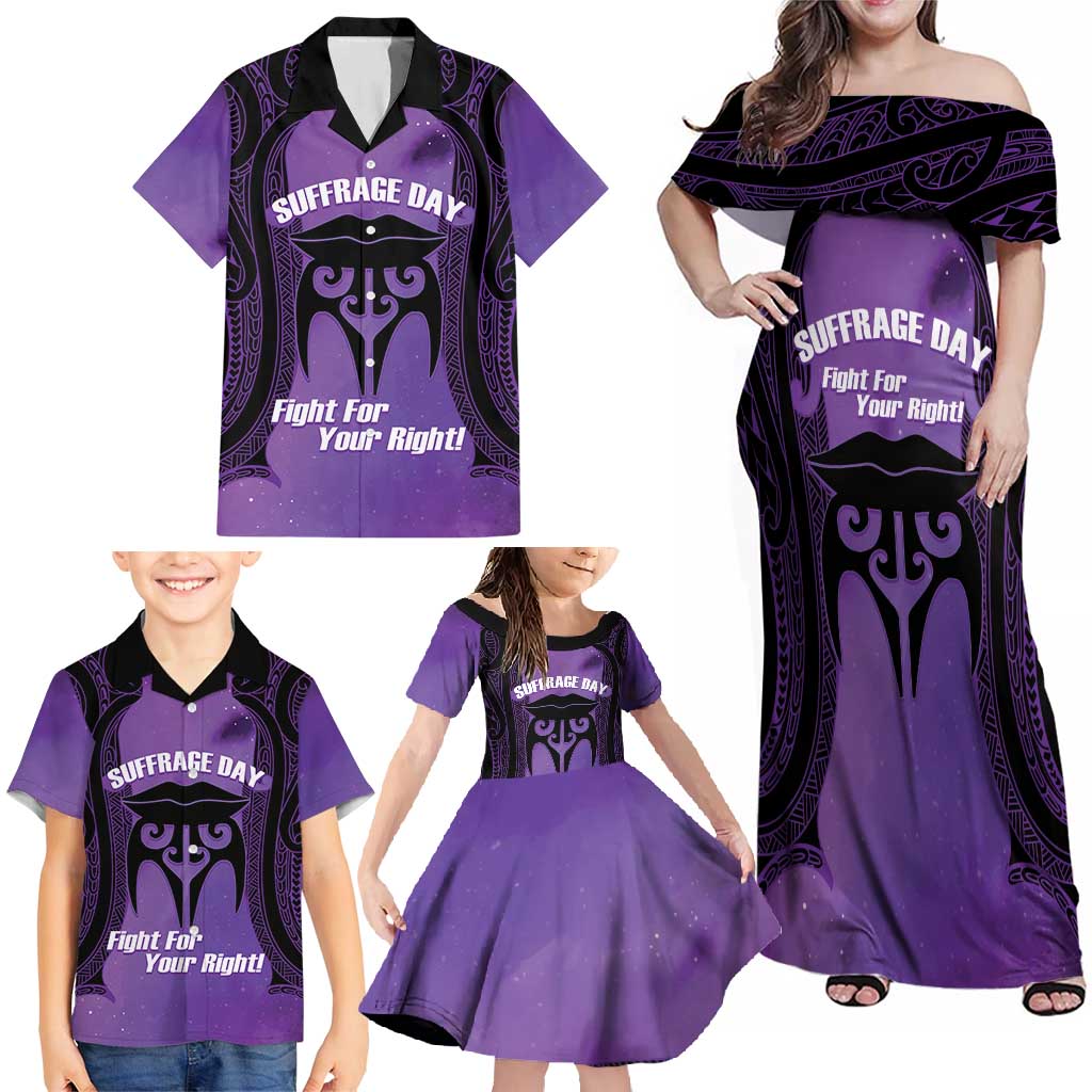 Personalised New Zealand Suffrage Day Family Matching Off Shoulder Maxi Dress and Hawaiian Shirt Maori Tattoo Galaxy Vibe - Polynesian Pride