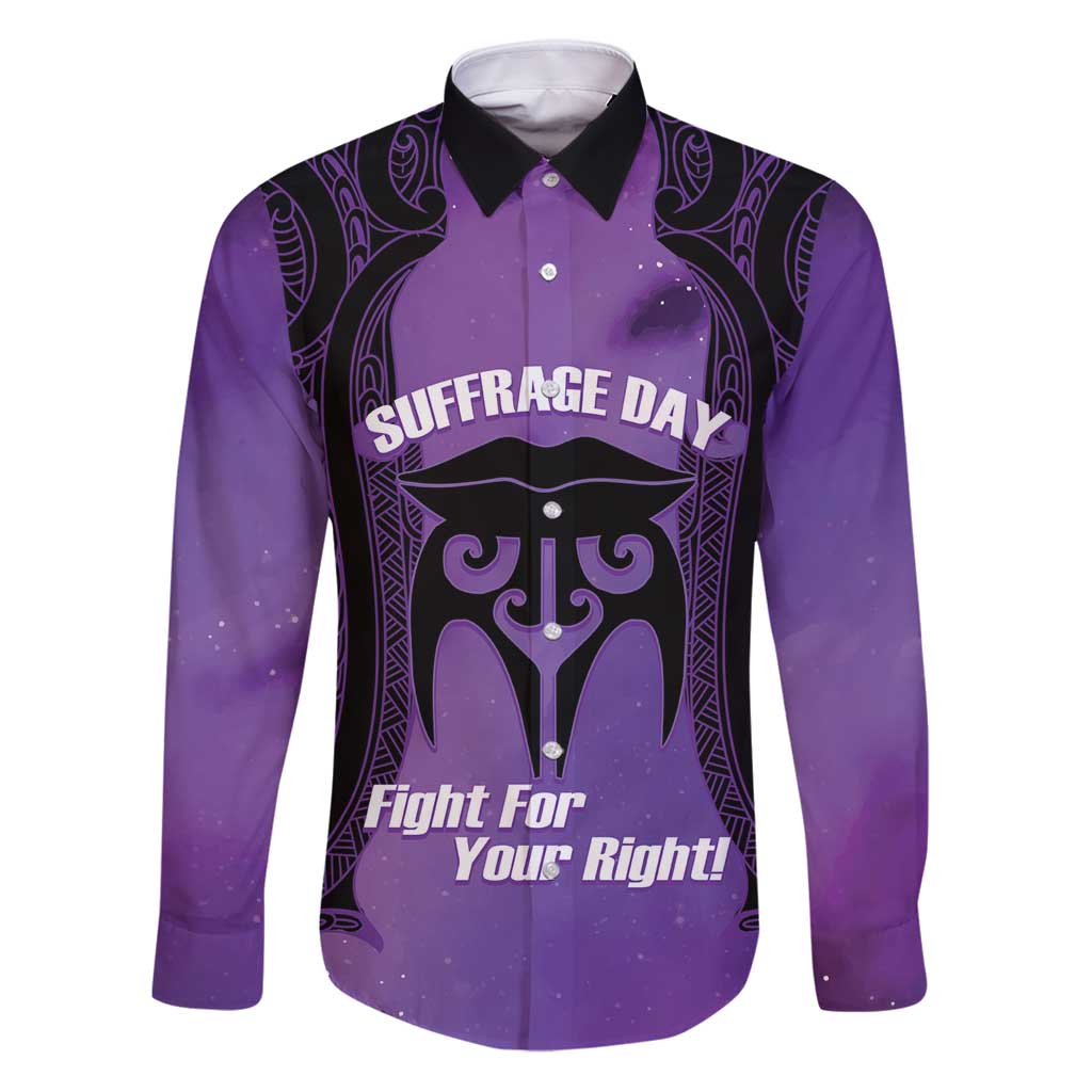 Personalised New Zealand Suffrage Day Family Matching Puletasi and Hawaiian Shirt Maori Tattoo Galaxy Vibe LT14 Dad's Shirt - Long Sleeve Purple - Polynesian Pride