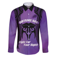 Personalised New Zealand Suffrage Day Family Matching Puletasi and Hawaiian Shirt Maori Tattoo Galaxy Vibe LT14 Dad's Shirt - Long Sleeve Purple - Polynesian Pride