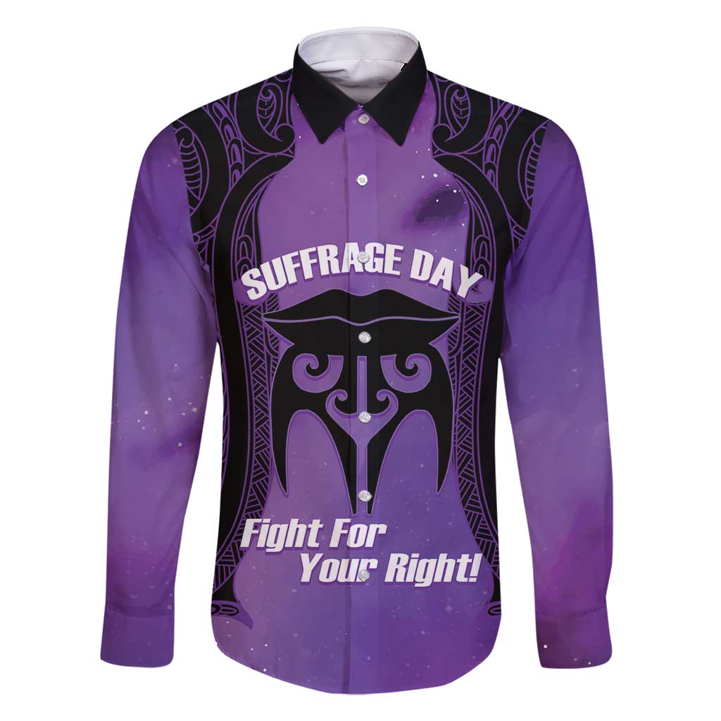 Personalised New Zealand Suffrage Day Family Matching Tank Maxi Dress and Hawaiian Shirt Maori Tattoo Galaxy Vibe LT14 Dad's Shirt - Long Sleeve Purple - Polynesian Pride