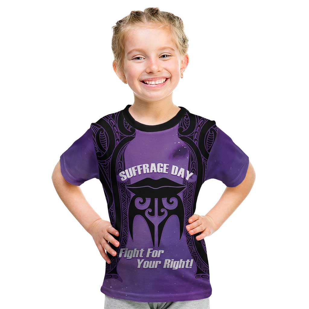 Personalised New Zealand Suffrage Day Kid T Shirt Maori Tattoo Galaxy Vibe LT14 Purple - Polynesian Pride