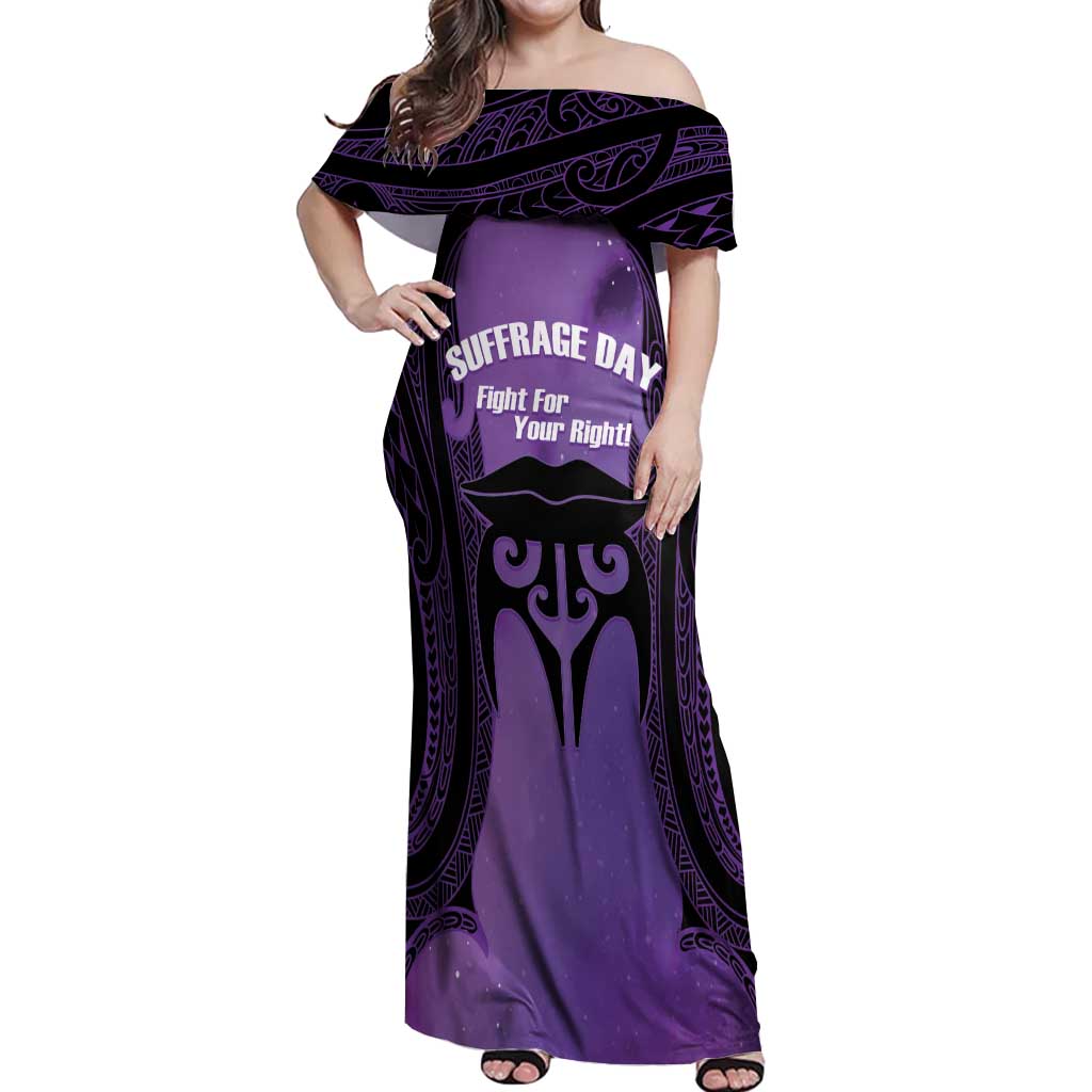 Personalised New Zealand Suffrage Day Off Shoulder Maxi Dress Maori Tattoo Galaxy Vibe - Polynesian Pride