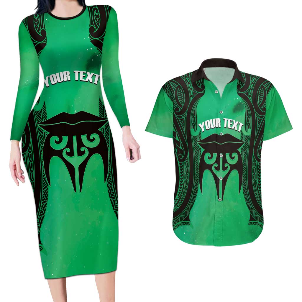 Personalised Moko Kauae New Zealand Couples Matching Long Sleeve Bodycon Dress and Hawaiian Shirt Maori Chin Tattoo Green LT14 Green - Polynesian Pride