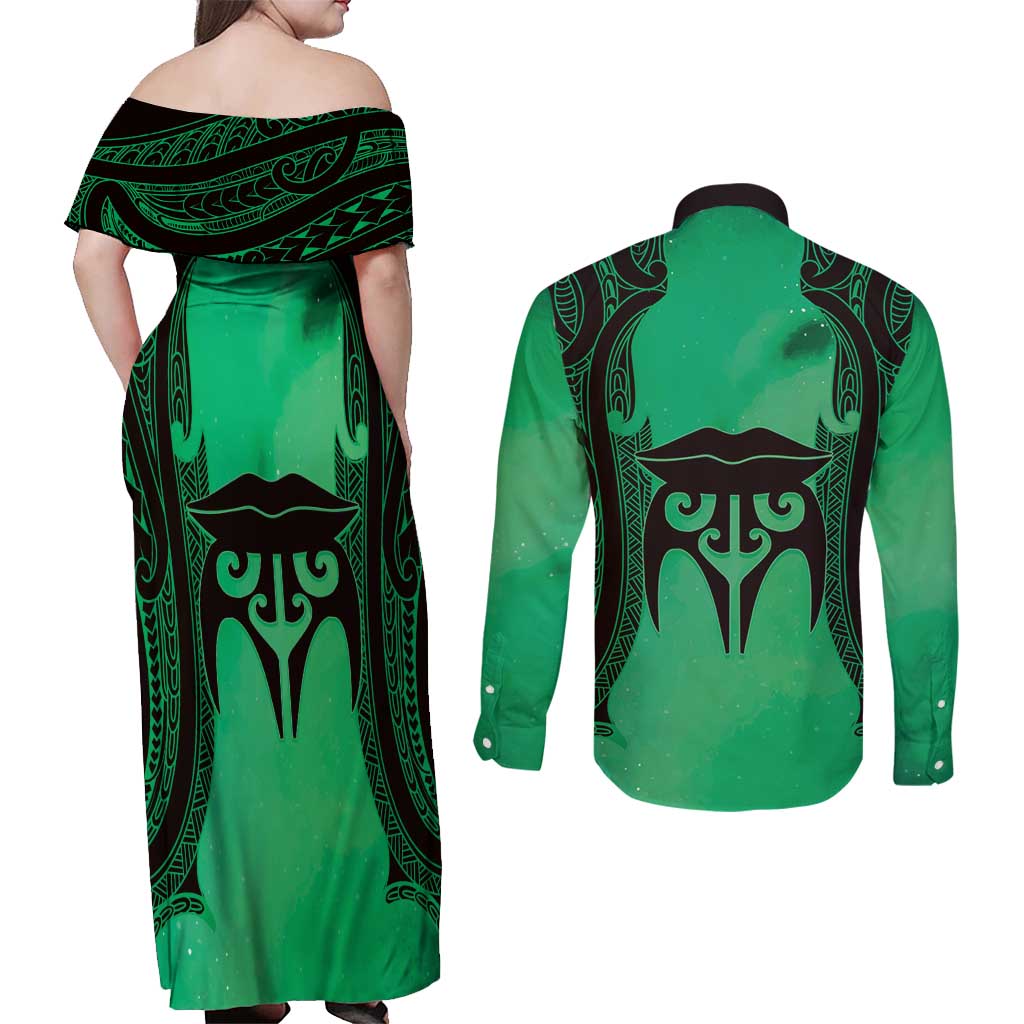Personalised Moko Kauae New Zealand Couples Matching Off Shoulder Maxi Dress and Long Sleeve Button Shirt Maori Chin Tattoo Green LT14 - Polynesian Pride