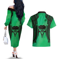 Personalised Moko Kauae New Zealand Couples Matching Off The Shoulder Long Sleeve Dress and Hawaiian Shirt Maori Chin Tattoo Green - Polynesian Pride