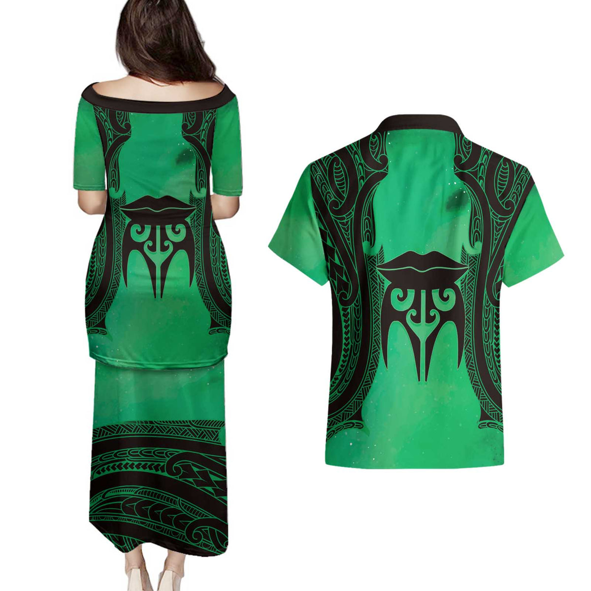 Personalised Moko Kauae New Zealand Couples Matching Puletasi and Hawaiian Shirt Maori Chin Tattoo Green LT14 - Polynesian Pride