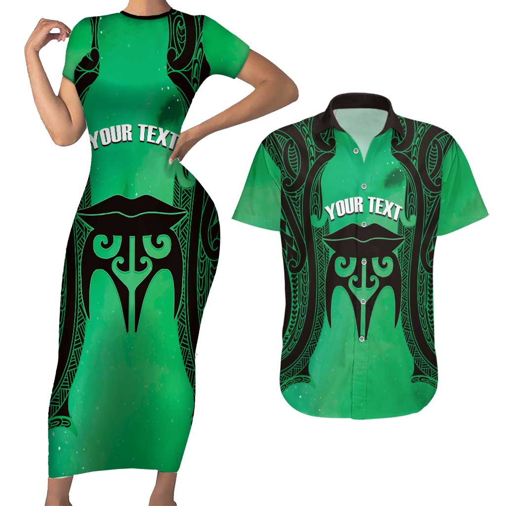 Personalised Moko Kauae New Zealand Couples Matching Short Sleeve Bodycon Dress and Hawaiian Shirt Maori Chin Tattoo Green LT14 Green - Polynesian Pride