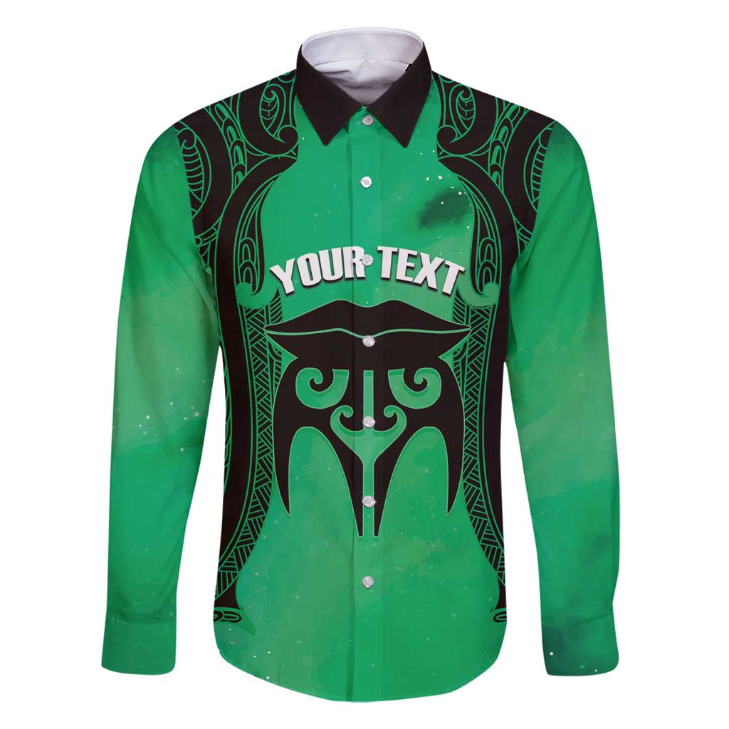 Personalised Moko Kauae New Zealand Family Matching Long Sleeve Bodycon Dress and Hawaiian Shirt Maori Chin Tattoo Green LT14 Dad's Shirt - Long Sleeve Green - Polynesian Pride