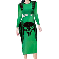 Personalised Moko Kauae New Zealand Family Matching Long Sleeve Bodycon Dress and Hawaiian Shirt Maori Chin Tattoo Green LT14 Mom's Dress Green - Polynesian Pride