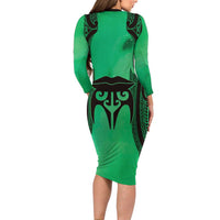 Personalised Moko Kauae New Zealand Family Matching Long Sleeve Bodycon Dress and Hawaiian Shirt Maori Chin Tattoo Green LT14 - Polynesian Pride