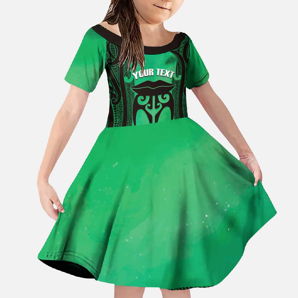 Personalised Moko Kauae New Zealand Family Matching Mermaid Dress and Hawaiian Shirt Maori Chin Tattoo Green LT14 Daughter's Dress Green - Polynesian Pride