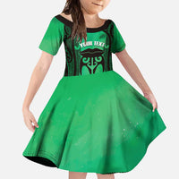 Personalised Moko Kauae New Zealand Family Matching Mermaid Dress and Hawaiian Shirt Maori Chin Tattoo Green LT14 Daughter's Dress Green - Polynesian Pride