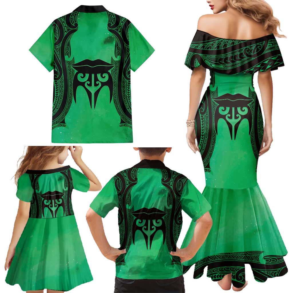 Personalised Moko Kauae New Zealand Family Matching Mermaid Dress and Hawaiian Shirt Maori Chin Tattoo Green LT14 - Polynesian Pride