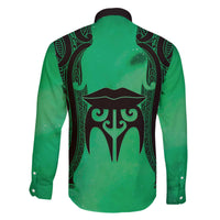Personalised Moko Kauae New Zealand Family Matching Off The Shoulder Long Sleeve Dress and Hawaiian Shirt Maori Chin Tattoo Green - Polynesian Pride