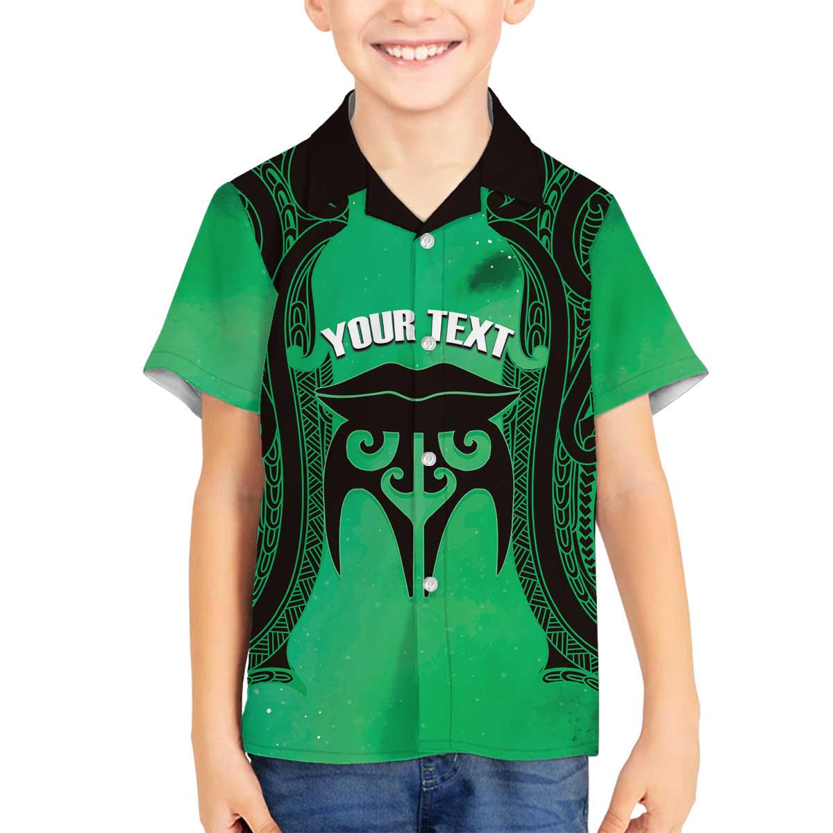 Personalised Moko Kauae New Zealand Family Matching Off The Shoulder Long Sleeve Dress and Hawaiian Shirt Maori Chin Tattoo Green - Polynesian Pride