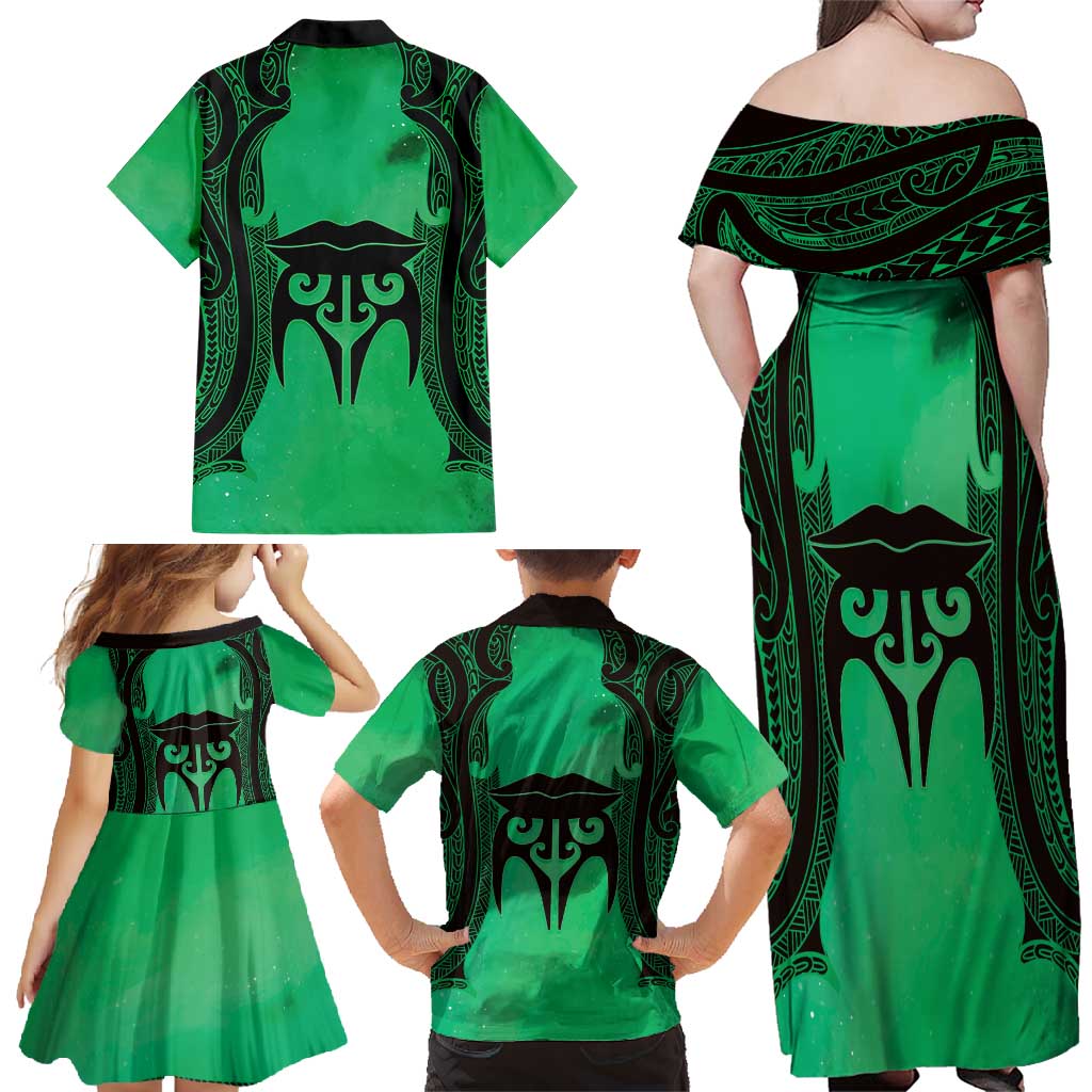 Personalised Moko Kauae New Zealand Family Matching Off Shoulder Maxi Dress and Hawaiian Shirt Maori Chin Tattoo Green - Polynesian Pride