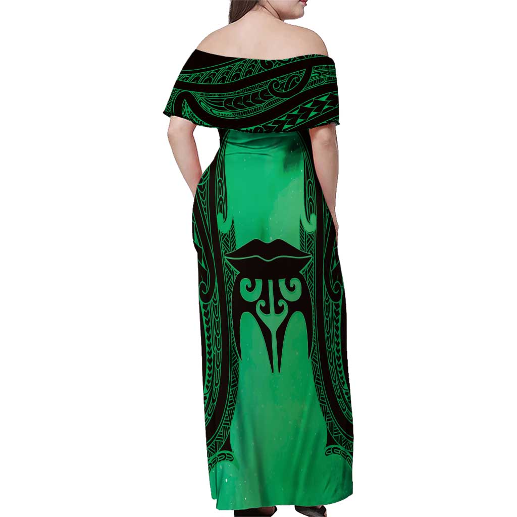 Personalised Moko Kauae New Zealand Family Matching Off Shoulder Maxi Dress and Hawaiian Shirt Maori Chin Tattoo Green - Polynesian Pride