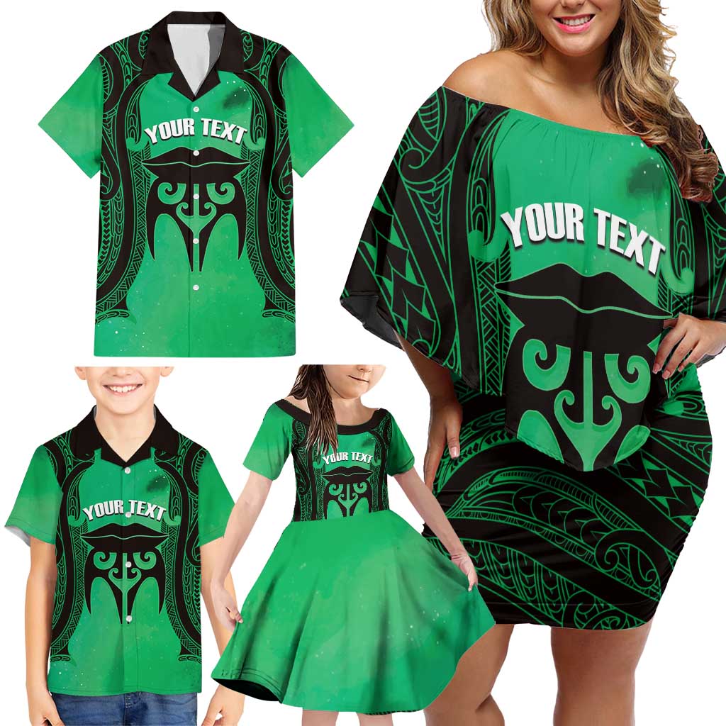 Personalised Moko Kauae New Zealand Family Matching Off Shoulder Short Dress and Hawaiian Shirt Maori Chin Tattoo Green - Polynesian Pride