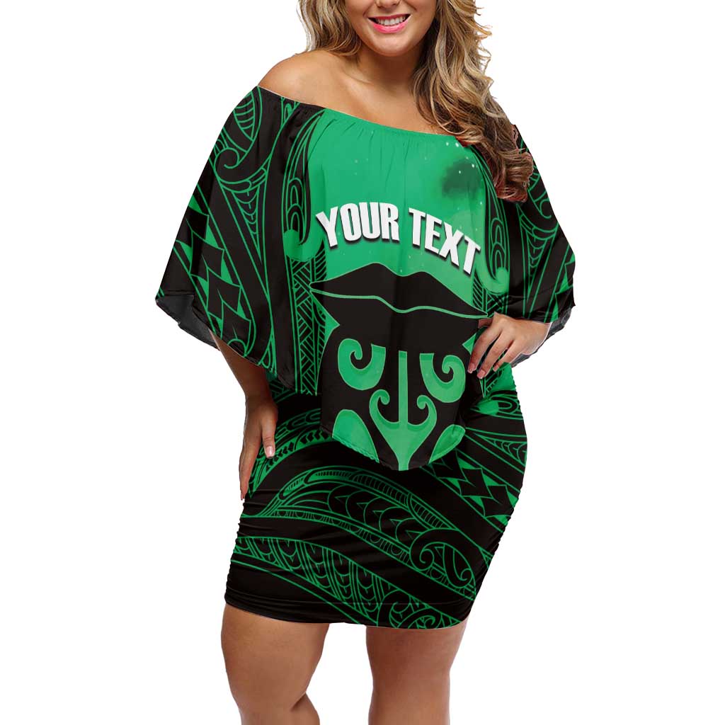 Personalised Moko Kauae New Zealand Family Matching Off Shoulder Short Dress and Hawaiian Shirt Maori Chin Tattoo Green LT14 Mom's Dress Green - Polynesian Pride