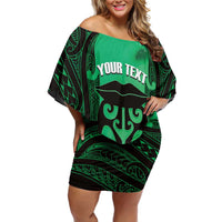 Personalised Moko Kauae New Zealand Family Matching Off Shoulder Short Dress and Hawaiian Shirt Maori Chin Tattoo Green LT14 Mom's Dress Green - Polynesian Pride