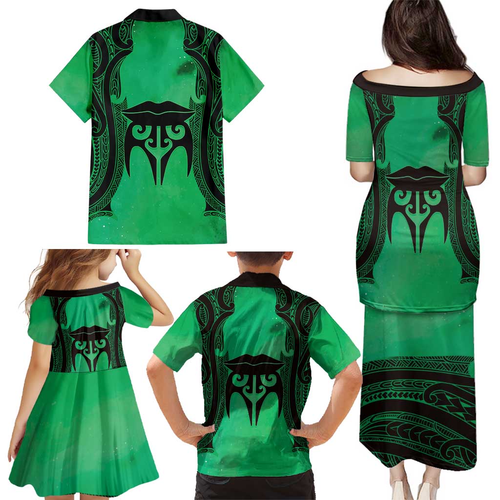 Personalised Moko Kauae New Zealand Family Matching Puletasi and Hawaiian Shirt Maori Chin Tattoo Green LT14 - Polynesian Pride