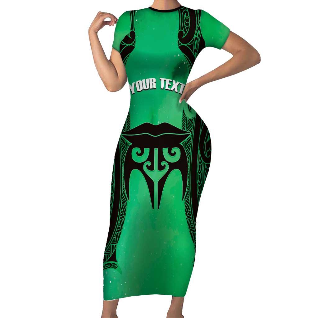 Personalised Moko Kauae New Zealand Family Matching Short Sleeve Bodycon Dress and Hawaiian Shirt Maori Chin Tattoo Green LT14 Mom's Dress Green - Polynesian Pride