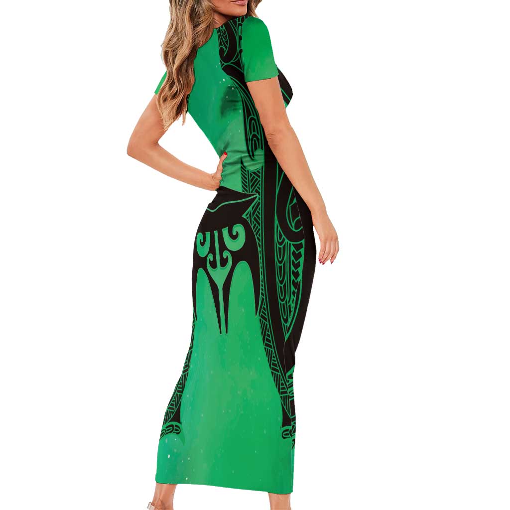 Personalised Moko Kauae New Zealand Family Matching Short Sleeve Bodycon Dress and Hawaiian Shirt Maori Chin Tattoo Green LT14 - Polynesian Pride