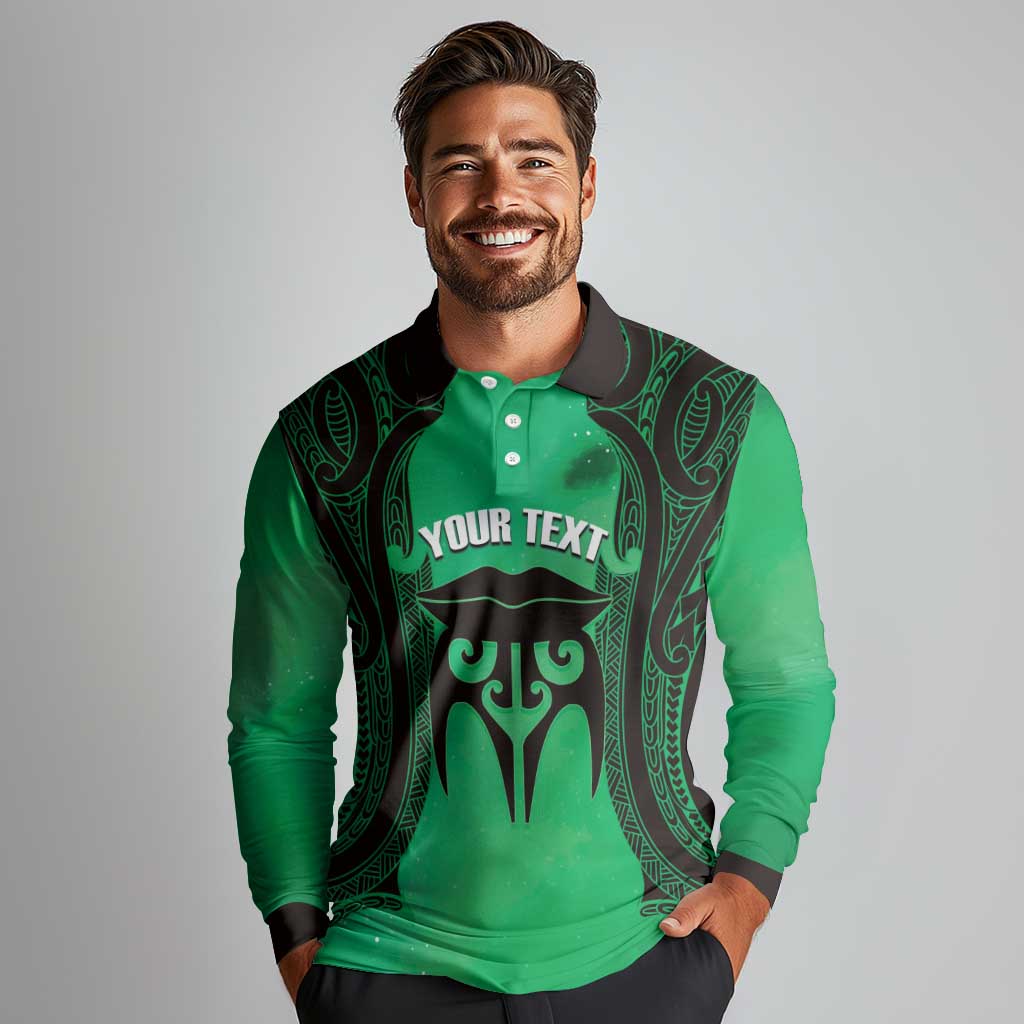 Personalised Moko Kauae New Zealand Long Sleeve Polo Shirt Maori Chin Tattoo Green - Polynesian Pride
