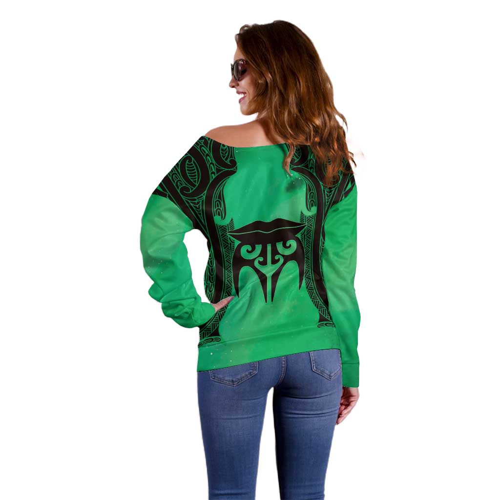 Personalised Moko Kauae New Zealand Off Shoulder Sweater Maori Chin Tattoo Green - Polynesian Pride