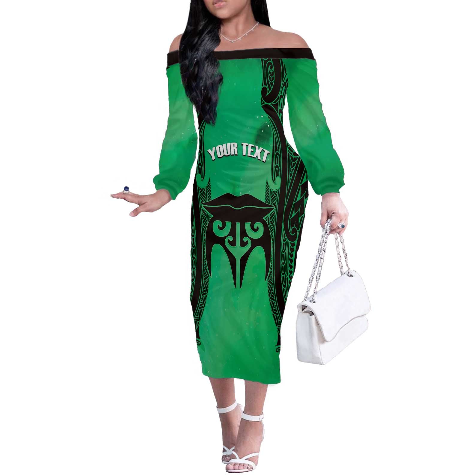 Personalised Moko Kauae New Zealand Off The Shoulder Long Sleeve Dress Maori Chin Tattoo Green - Polynesian Pride