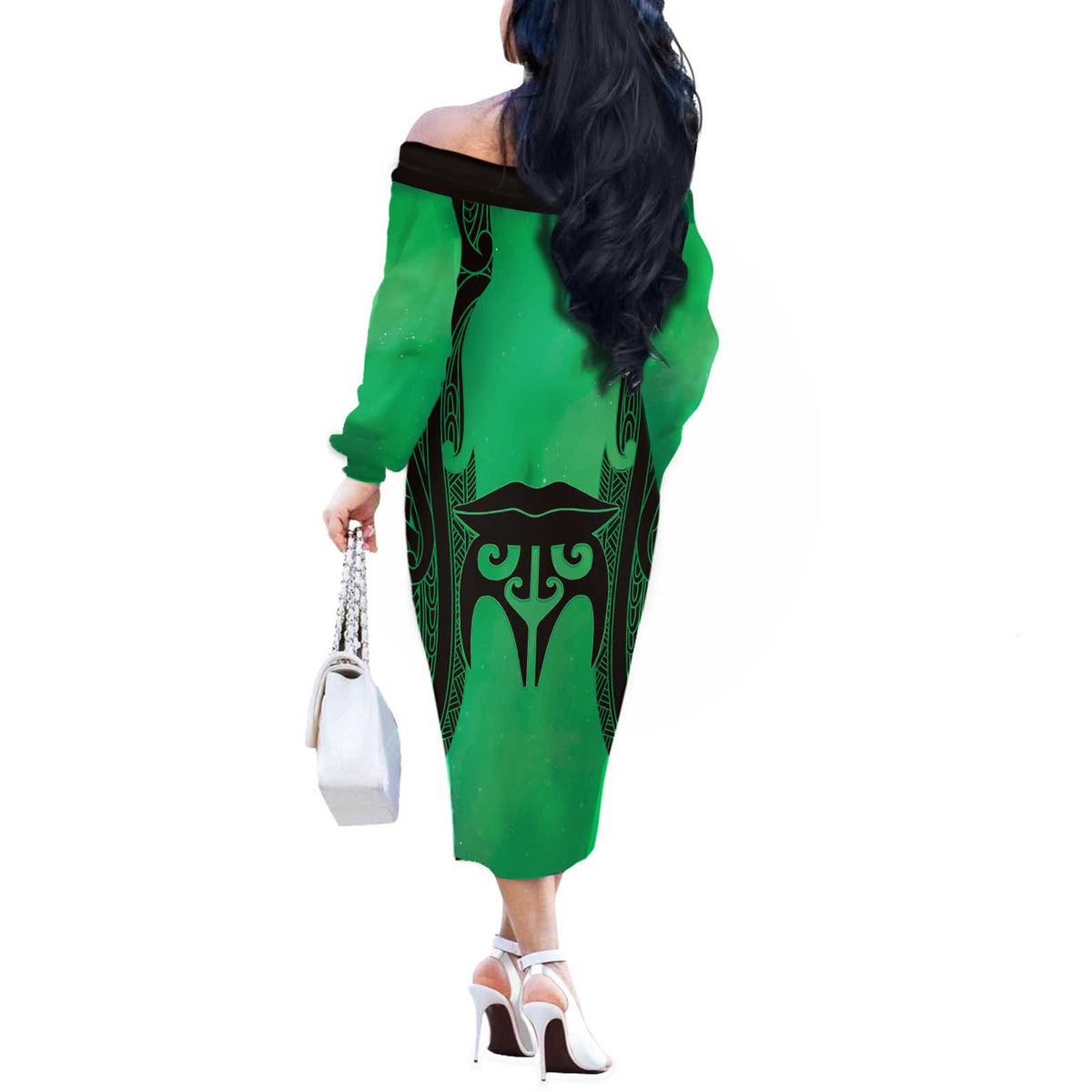 Personalised Moko Kauae New Zealand Off The Shoulder Long Sleeve Dress Maori Chin Tattoo Green - Polynesian Pride