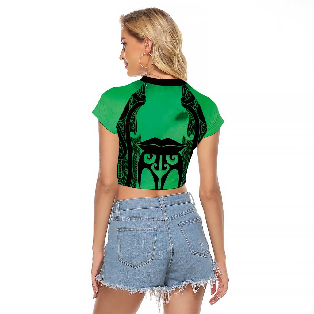 Personalised Moko Kauae New Zealand Raglan Cropped T Shirt Maori Chin Tattoo Green - Polynesian Pride