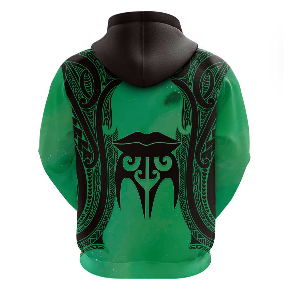 Personalised Moko Kauae New Zealand Zip Hoodie Maori Chin Tattoo Green - Polynesian Pride