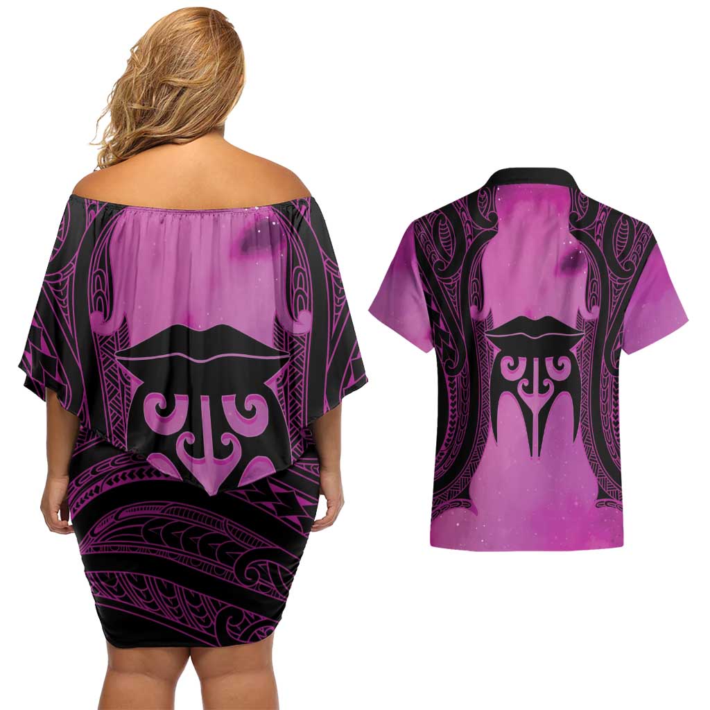 Personalised Moko Kauae New Zealand Couples Matching Off Shoulder Short Dress and Hawaiian Shirt Maori Chin Tattoo Pink LT14 - Polynesian Pride